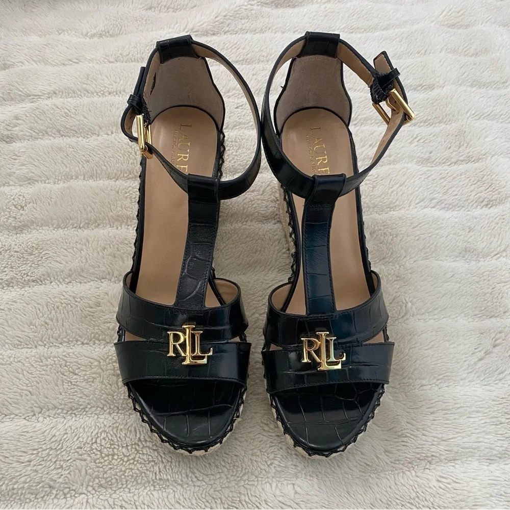 Lauren Ralph Lauren Hale II Black Leather Croc Espadrille Wedges Size 9.5